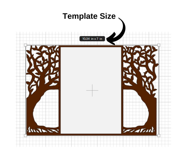 May include: A brown laser-cut invitation template with a tree design. The template is 10.34 inches by 7 inches and features a rectangular center for text. The tree design is on the left and right sides.