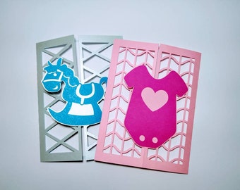 2 SVG Cut Files Files Templates Baby Shower Invitation Gate Fold Card Baby Clothes Rocking Horse Laser Cut Silhouette Cameo Gender Reveal
