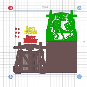 May include: A brown dinosaur pop-up card with a green dinosaur and palm trees. The card is 10.85 inches wide and 10.82 inches tall. The card says "Happy Birthday" in yellow letters.