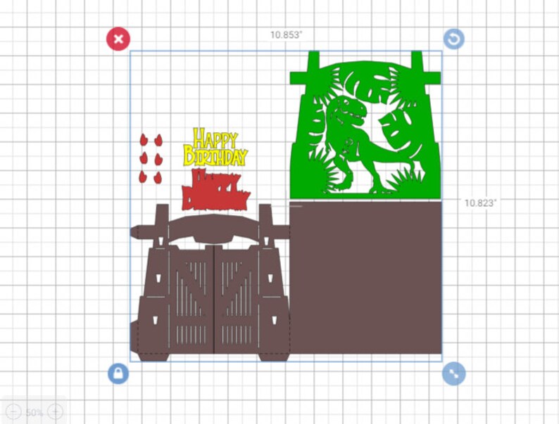 May include: A brown dinosaur pop-up card with a green dinosaur and palm trees. The card is 10.85 inches wide and 10.82 inches tall. The card says "Happy Birthday" in yellow letters.