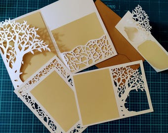 Inbjudan till bröllopsträd 5 x 7 i SVG-klippfiler, mallar för Cricut Laser, spara datumet, OSA, placeringskort, Tri Fold Pocket Card Silhouette Cameo