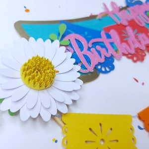 May include: A paper banner with the words "Happy Birthday" in pink letters. The banner is decorated with colorful paper flowers, leaves, and confetti.