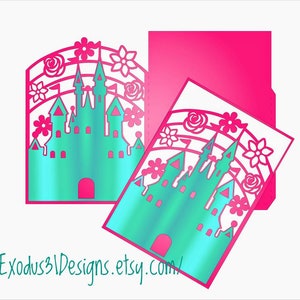 2 fichiers SVG coupe Cricut porte pliage carte poche modèles de cartes carte floral princesse invitation château silhouette camée découpé au laser fille d'anniversaire