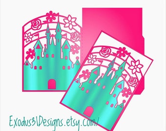 2 SVG Cricut Cut File Gate Fold Card Pocket Card TEMPLATES Princess Floral Card Castle Invitation Silhouette Cameo Laser Cut Birthday Girl