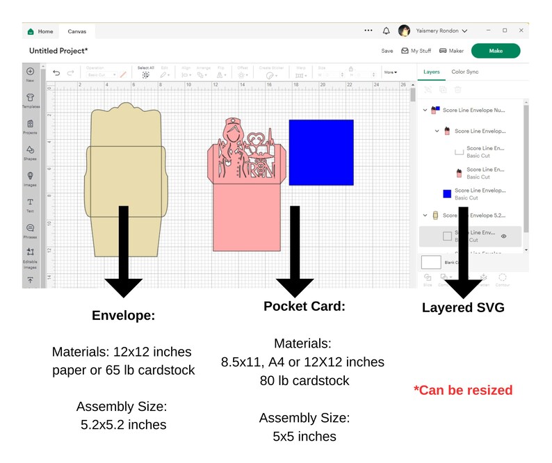 May include: A digital design for a pop-up card with a nurse theme. The design includes a layered SVG file for an envelope and a pocket card. The envelope is 12x12 inches and the pocket card is 8.5x11 inches. The design can be resized.