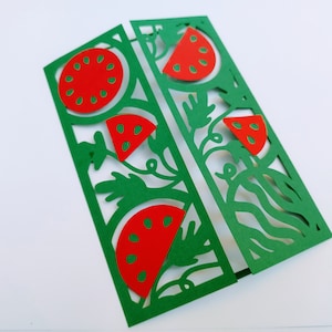 SVG-poortvouw kaart watermeloenliefhebbers sjablonen eenvoudig knippen bestanden Cricut Silhouette Cameo kaarten maken eerste verjaardag zomerfeestje