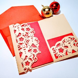 Fichiers de coupe SVG Noël Cricut joyeux Noël carte pain d'épice trois volets de poche Invitation découpé au laser silhouette camée Noël pain d'épice
