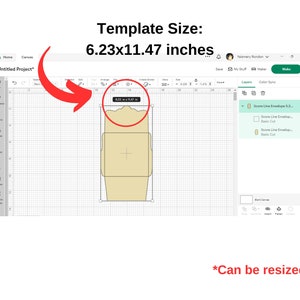 May include: A digital design template for a score line envelope, measuring 6.23 by 11.47 inches. The template is displayed on a gridded design program interface. The envelope is beige with a brown outline.