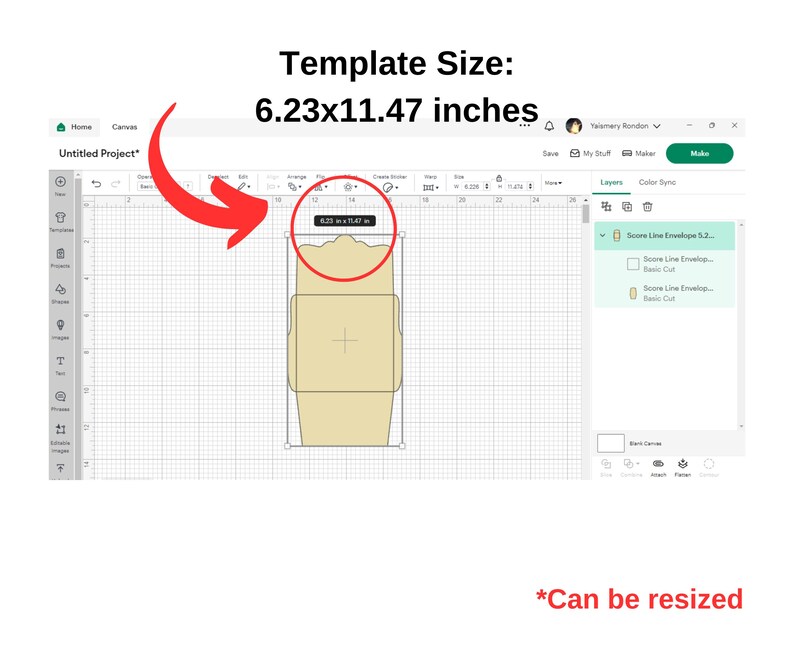 May include: A digital design template for a score line envelope, measuring 6.23 by 11.47 inches. The template is displayed on a gridded design program interface. The envelope is beige with a brown outline.