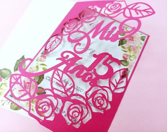 5x7 Laser Cut Cricut Invitation SVG File Template Quinceañera Gate Fold Invitation 15th Birthday Party Mis 15 Años Silhouette Cameo files
