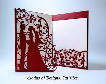 5x7 SVG Bride and Groom Tri Fold Card Cut File Template Laser Cut Wedding Invitation Couple Silhouette Cameo Romantic Card Paper Cut Die Cut