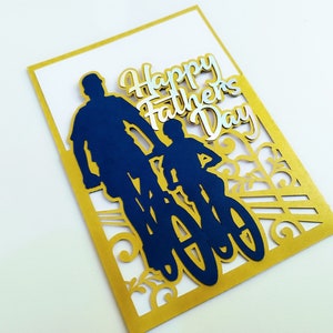 SVG Glückliche Vatertagskarte Cricut Laser Cut Vorlagen Silhouette Cameo Papa Geschenke Taschenkarte SVG Schnittdatei Vatertagskarte Fahrrad Junge