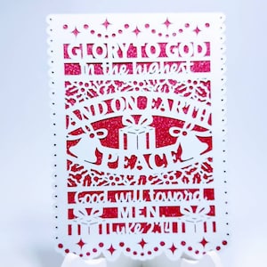 Plantilla de tarjeta SVG Cricut Versículo bíblico de Navidad Lucas 2:14 Tarjeta de dos capas Silhouette Cameo Archivo de corte láser DXF Feliz Navidad Gloria a Dios SVG