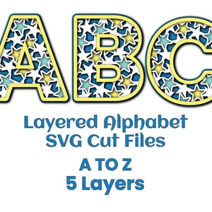Alfabet A tot Z sterren gelaagde 3D SVG-bestand knippen 5 lagen sjablonen Letters taart Topper Cricut Silhouette Cameo lasergesneden patriottische kerst
