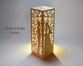 Arquivo SVG Lanterna Noiva e Noivo Centro de Mesa Luminária Modelo de Corte a Laser Casamento Casal Negro Cabelo Cacheado Cricut Silhouette Cameo caixa de sombra