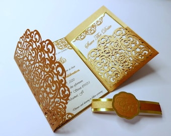 5x7 SVG Laser Cut Wedding Invitation Tri Fold Card Cricut Cut File Silhuette  arabesques damask swirly design card luxury invitation SVG