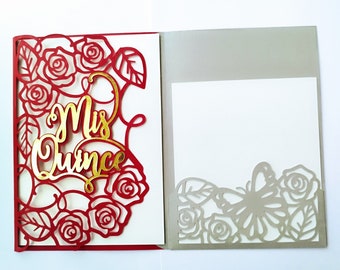 SVG Template Cricut Quinceañera Roses Butterfly Tri Fold Pocket Card Cut File Birthday Mis 15 Años Invitation Mis Quince Laser Cut Cameo SVG