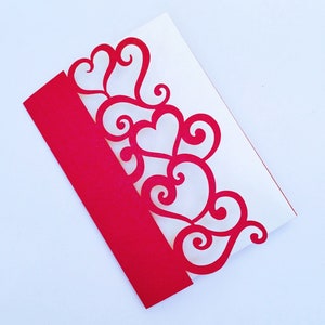 Plantilla SVG Tarjeta de invitación con bolsillo tríptico Corazones Remolinos Archivo de corte de boda Corte láser Silhouette Cameo Aniversario Tarjeta romántica