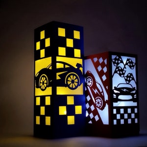 セット 2 SVG ランタン テンプレート 3D クリカット センターピース 自動車 レーシング カット ファイル シルエット カメオ レーザーカット バースデー ボーイ カーズ ラバー シャドー ボックス SVG