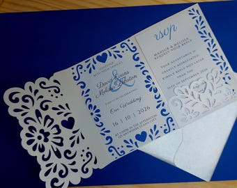 5x7 SVG Laser Cut Wedding Invitation Mexican Folk Inspired Tri Fold Pocket Card Cricut File Silhouette Cameo Papel Picado Mexican Design