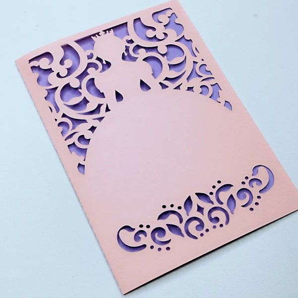 SVG CRICUT Laser Cut Invitation Template PRINCESS Folder Card Girl Crown Swirly fancy Quinceanera Birthday Princess Card Silhouette Cameo