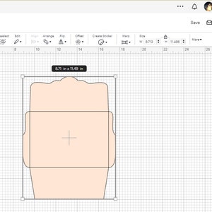 May include: A digital design for a score line envelope, shown on a gridded design program. The envelope is 8.71 inches by 11.49 inches and is a light peach color with black lines.