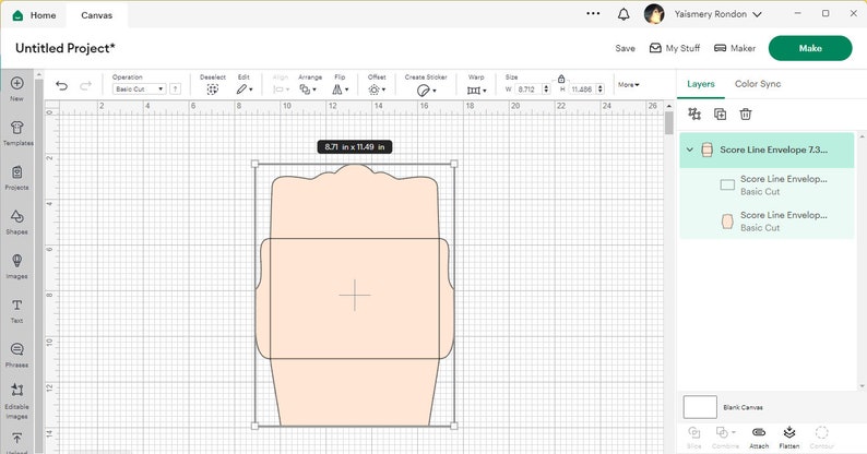 May include: A digital design for a score line envelope, shown on a gridded design program. The envelope is 8.71 inches by 11.49 inches and is a light peach color with black lines.