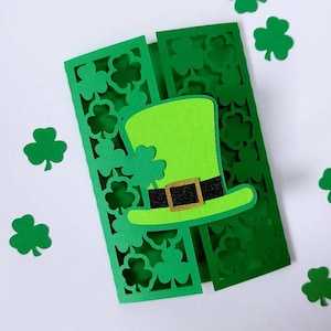 Carte de chapeaux de la Saint-Patrick SVG La Saint-Patrick, la Saint-Patrick Trebol Card, Silhouette camée, Cricut, découpé au Laser, porte pli Shamrock
