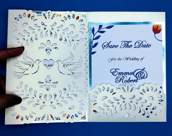 5x7 SVG Laser Cut File Wedding Invitation Tri Fold Pocket Card Cricut Silhouette Cameo Papel Picado Mexican Design Card Dove Folk