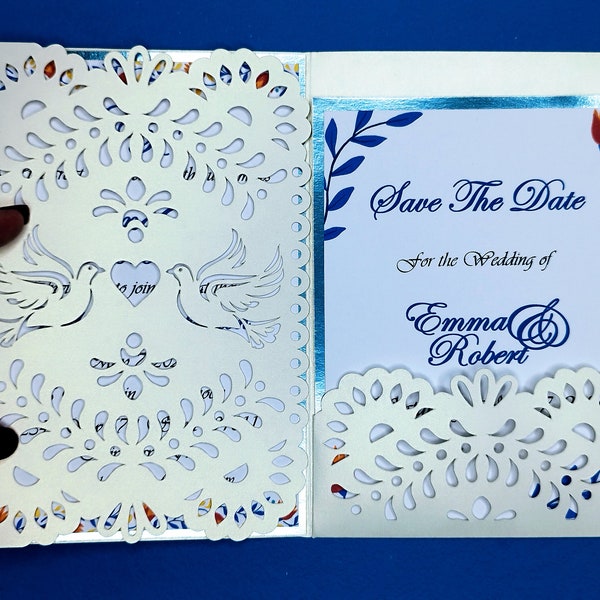 5x7 SVG Laser Cut Wedding Invitation Tri Fold Pocket Card Cricut Cut File Silhouette Cameo Papel Picado Mexican Design Card Luxury Dove Folk