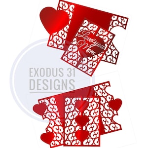 May include: Red laser cut card with a decorative heart pattern and the text "Love you Mom".