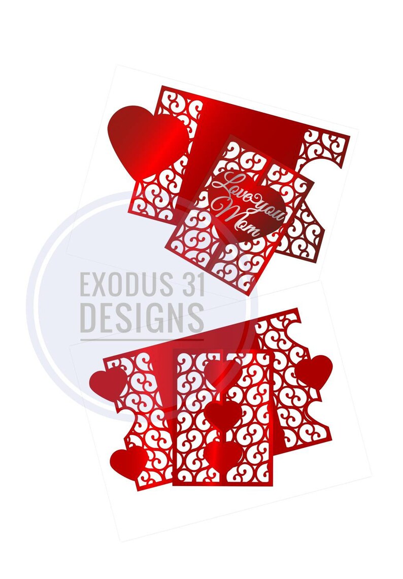 May include: Red laser cut card with a decorative heart pattern and the text "Love you Mom".