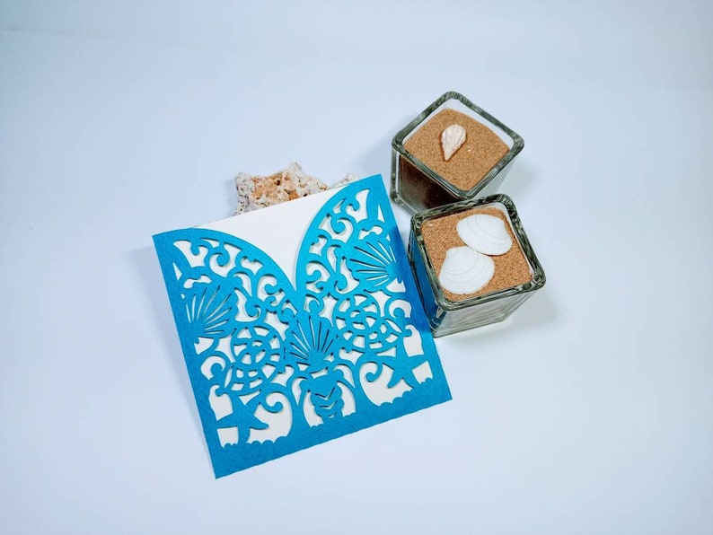7 SVG Cut Files Cricut Set Marine Theme Under Sea Beach Wedding Invitation Tri Fold Pocket Envelope Boxe Lantern Laser Cut Silhouette Cameo