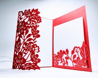 Wedding Invitation Cricut SVG Template Cut File Tri Fold Pocket Card Floral Invitation Flowers Invitation Die Cut Laser Cut Silhouette Cameo