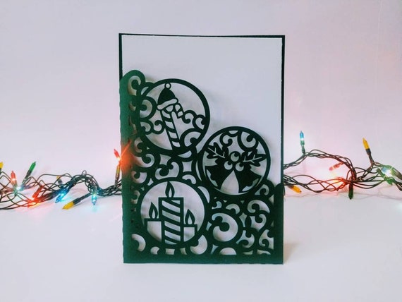 SVG Template Cricut Christmas Pocket Card 5x7 inches Silhouette Cameo Laser Christmas Gifts Christmas Bells Candy Candles Christmas Swirls