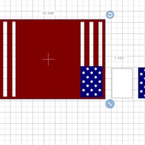 May include: A red, white, and blue American flag design with three white stripes on the left side and three white stripes on the right side. The center of the design is red. The design is 10.168 inches wide and 7.105 inches tall.