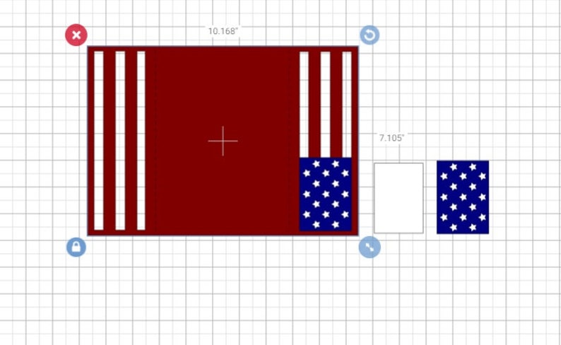 May include: A red, white, and blue American flag design with three white stripes on the left side and three white stripes on the right side. The center of the design is red. The design is 10.168 inches wide and 7.105 inches tall.