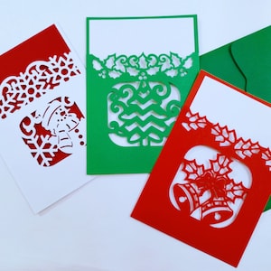 Bundle SVG Cut Files Cricut Christmas Cards 3 Templates Pocket Christmas Card Tree Snowflakes Poinsettias Snowman Silhouette Cameo Laser Cut