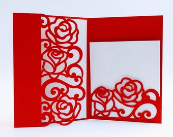 SVG modèle Tri pli poche carte Invitation Cricut Roses tourbillons mariage coupe fichier découpé au Laser Silhouette camée anniversaire carte romantique