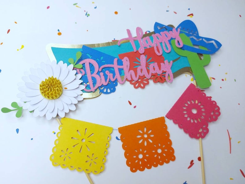 SVG CRICUT cut files TEMPLATES Papel Picado cake topper customizble Mini banners 2,5 inches happy birthday fiesta Cricut Joy Silhouette image 9
