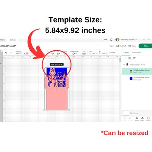 May include: A digital design template for a nurse-themed envelope card. The template is 5.84 inches wide by 9.92 inches tall and features a nurse with a stethoscope and a heart. The template is shown in a design program with a grid background.