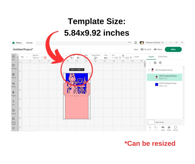 May include: A digital design template for a nurse-themed envelope card. The template is 5.84 inches wide by 9.92 inches tall and features a nurse with a stethoscope and a heart. The template is shown in a design program with a grid background.