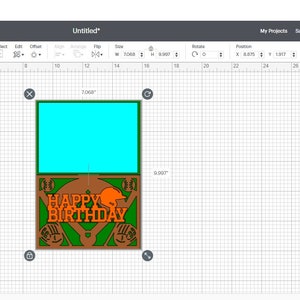 May include: A digital design for a baseball-themed birthday card. The card features a baseball field with a baseball glove, bat, and a baseball cap. The text "HAPPY BIRTHDAY" is written in orange letters on a brown background. The card is designed to be cut out and assembled.