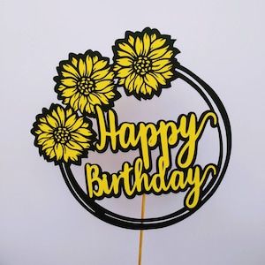 Arquivos de corte de moldura circular SVG, modelos, topper de bolo, clipart, girassol, decoração de festa de feliz aniversário, silhueta Cricut, corte a laser, decoração floral