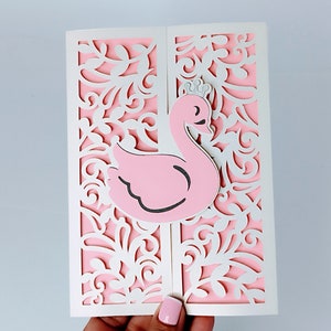 Plantillas de invitación SVG con diseño de puerta de cisne plegable, para baby shower, bebé cisne, archivo de corte, tarjeta linda de cisne de Cricut, silueta láser, cameo, tarjeta de revelación de género
