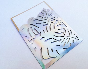 SVG mallhållare ficka inbjudan Monstera klippfiler ärmkort Cricut laserskuren silhuett cameo strand sommar tropiskt bröllopskort