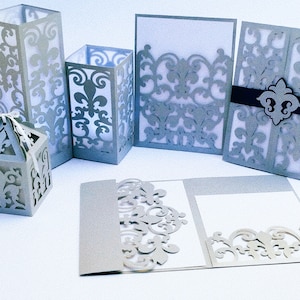 Bundle SVG mariage papeterie Fleur de lys fichiers coupés Cricut Laser Cut Silhouette camée modèles Invitations de mariage lanterne ensemble faveur boîte