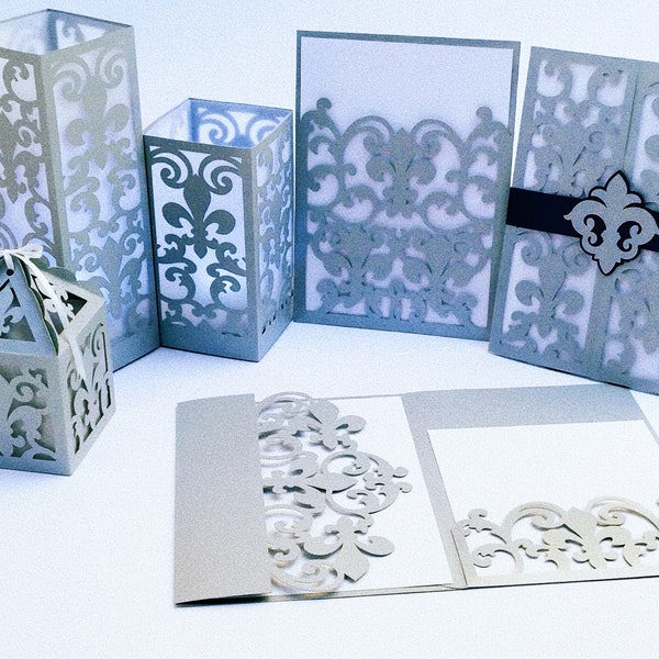 Bundle SVG Wedding Stationery Fleur de Lis Cut Files Cricut Laser Cut Silhouette Cameo templates Wedding Invitations lantern set favor box