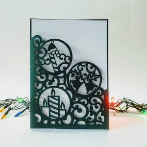 SVG-mall Cricut julfickakort 5x7 tum Silhouette Cameo Laser julklappar Julklockor Godisljus Julsvirvlar bild 5
