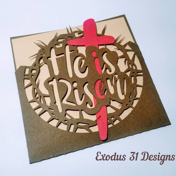 SVG Template Cricut Cross EASTER Envelope Card He is Risen Crown of thorns Happy Easter Silhouette Cameo Laser Cut DXF Ai Cardmaking Easter